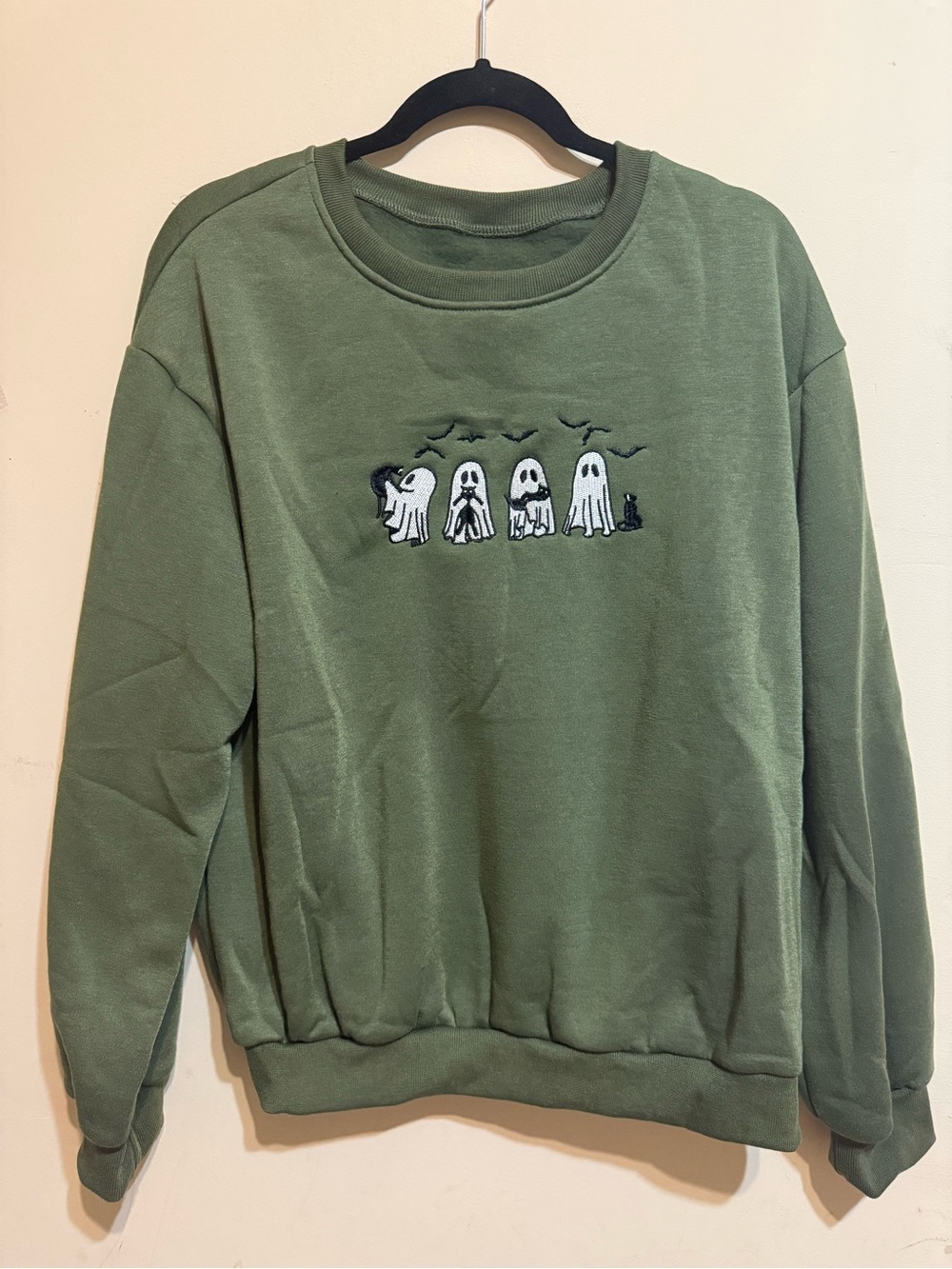 Women's Olive Green Ghost Cat Embroidered Crewneck Sweatshirt Fall Halloween